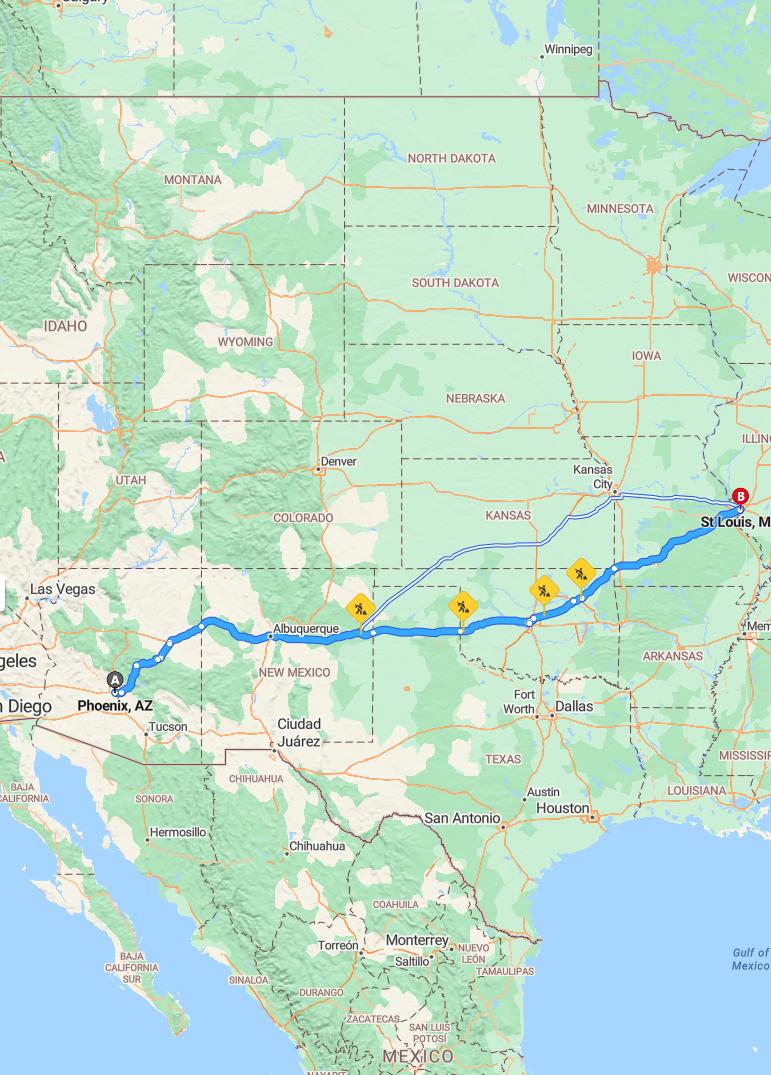 driving from Phoenix, Arizona to St. LouisMissouri - map and route