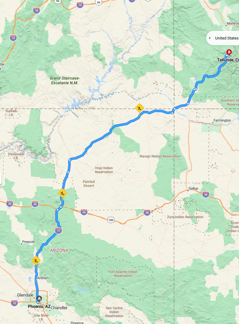 driving from Phoenix, Arizona to TellurideColorado - map and route