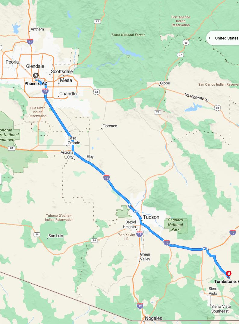 driving from Phoenix, Arizona to TombstoneArizona - map and route