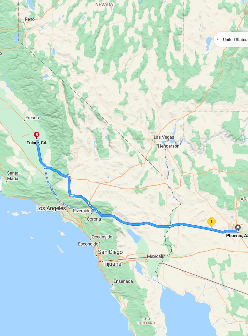 driving from Phoenix, Arizona to TulareCalifornia - map and route
