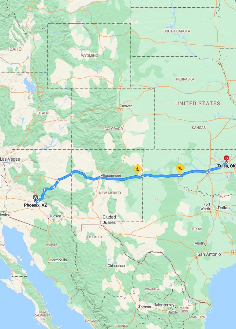 driving from Phoenix, Arizona to TulsaOklahoma - map and route