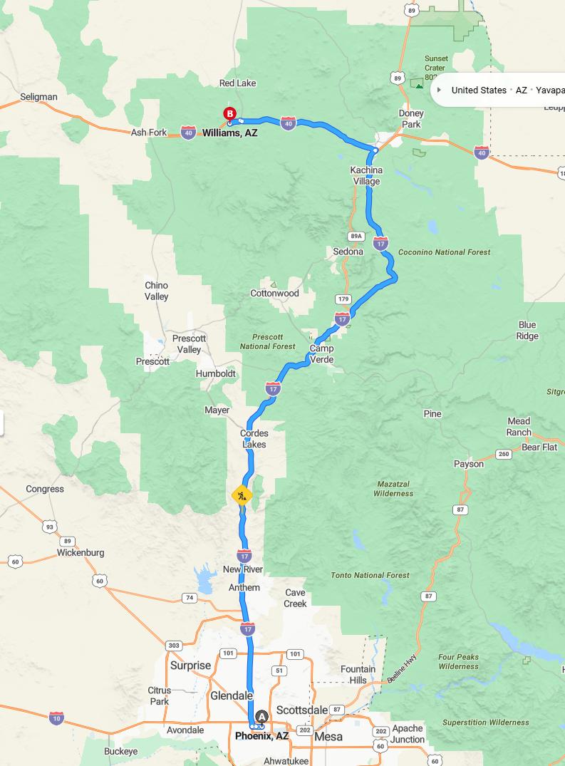 driving from Phoenix, Arizona to WilliamsArizona - map and route