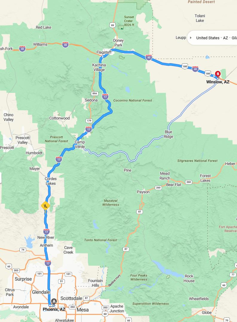 driving from Phoenix, Arizona to WinslowArizona - map and route