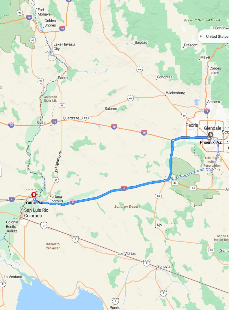 driving from Phoenix, Arizona to YumaArizona - map and route