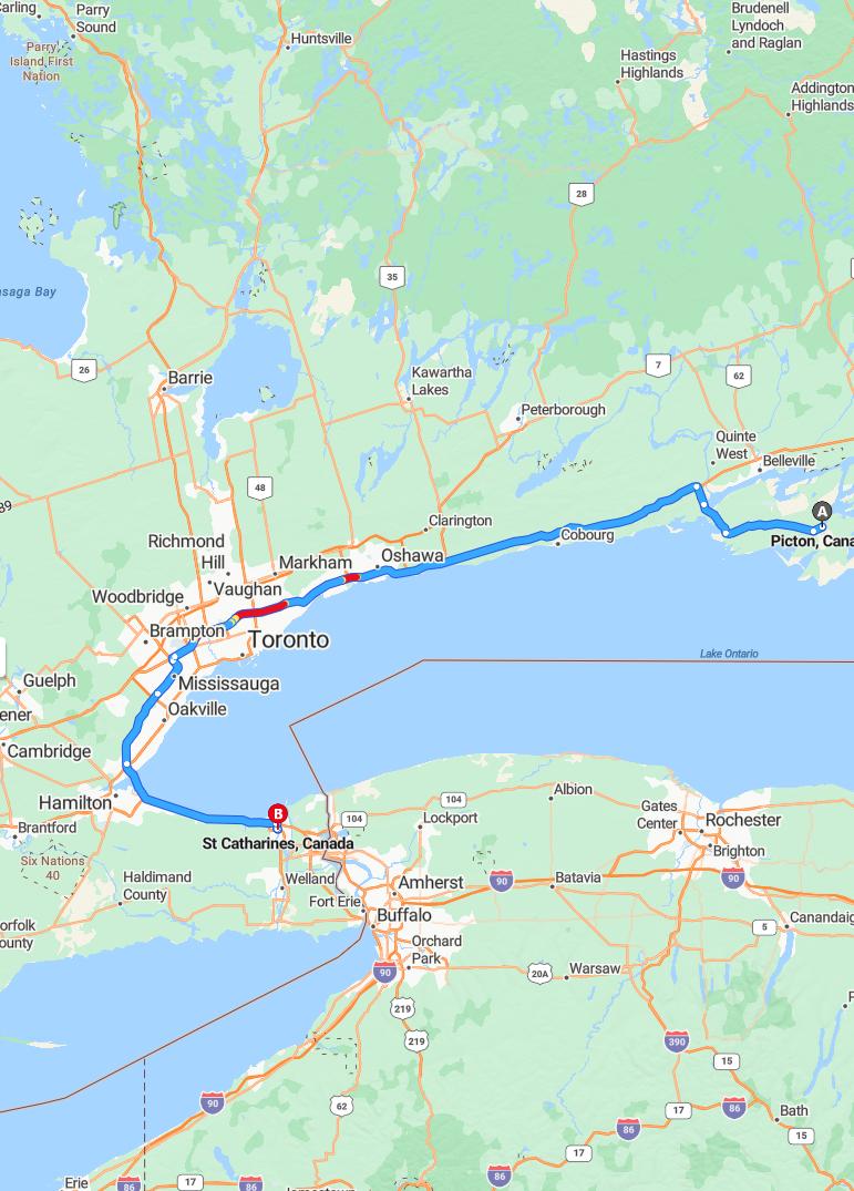 driving from Picton, Ontario to St. CatharinesOntario - map and route