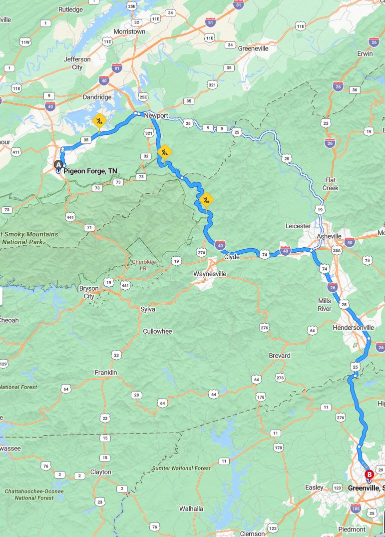 driving from Pidgeon Forge, Tennessee to GreenvilleSouth Carolina - map and route