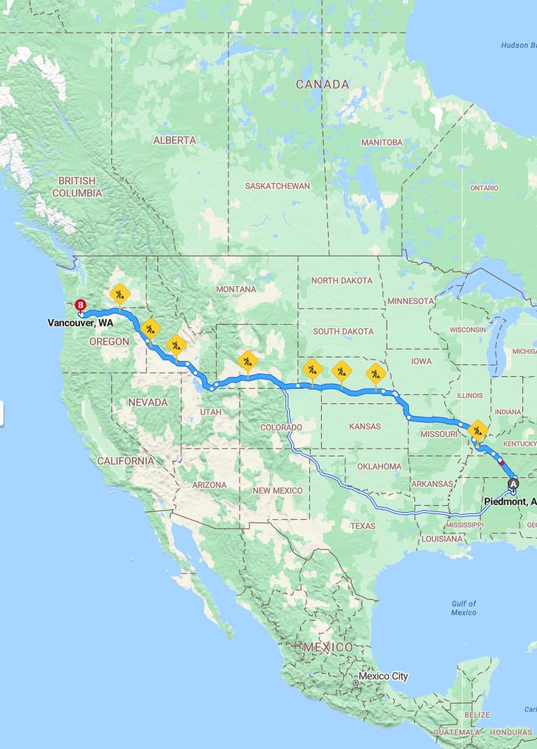 driving from Piedmont, Alabama to VancouverWashington - map and route