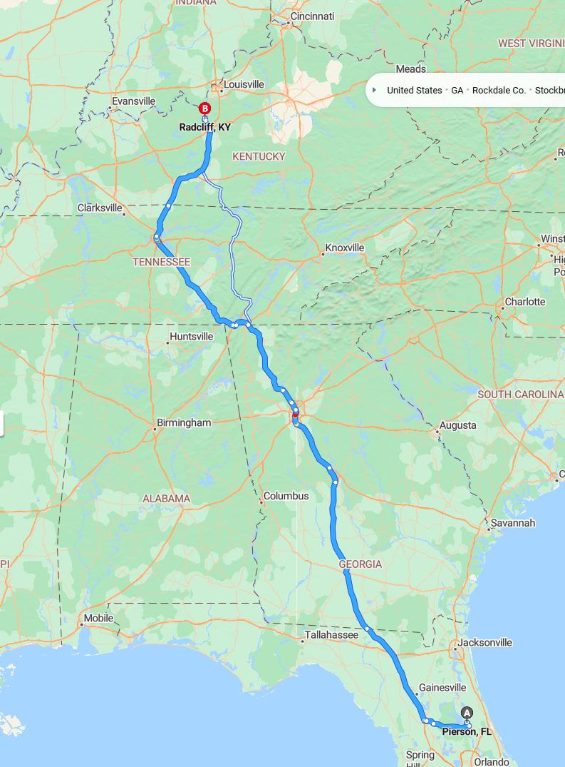 driving from Pierson, Florida to RadcliffKentucky - map and route