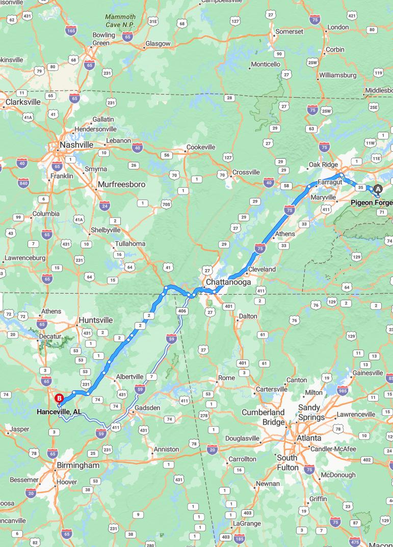 driving from Pigeon Forge, Tennessee to HancevilleAlabama - map and route