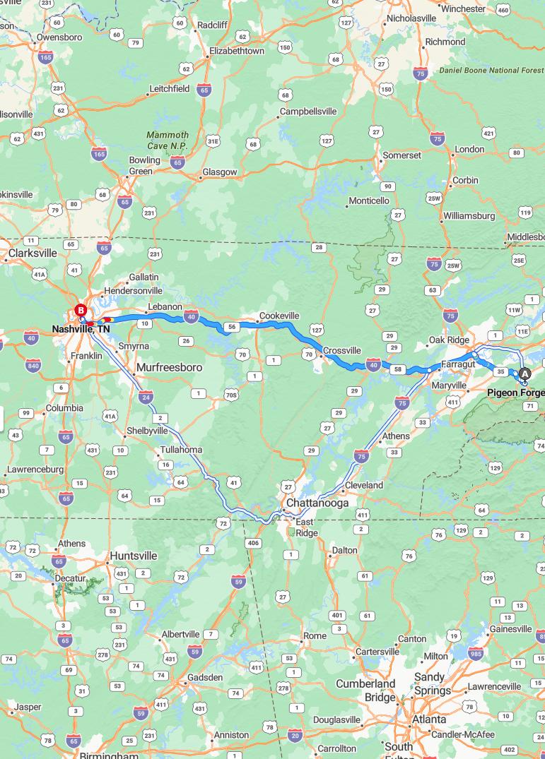 driving from Pigeon Forge, Tennessee to NashvilleTennessee - map and route