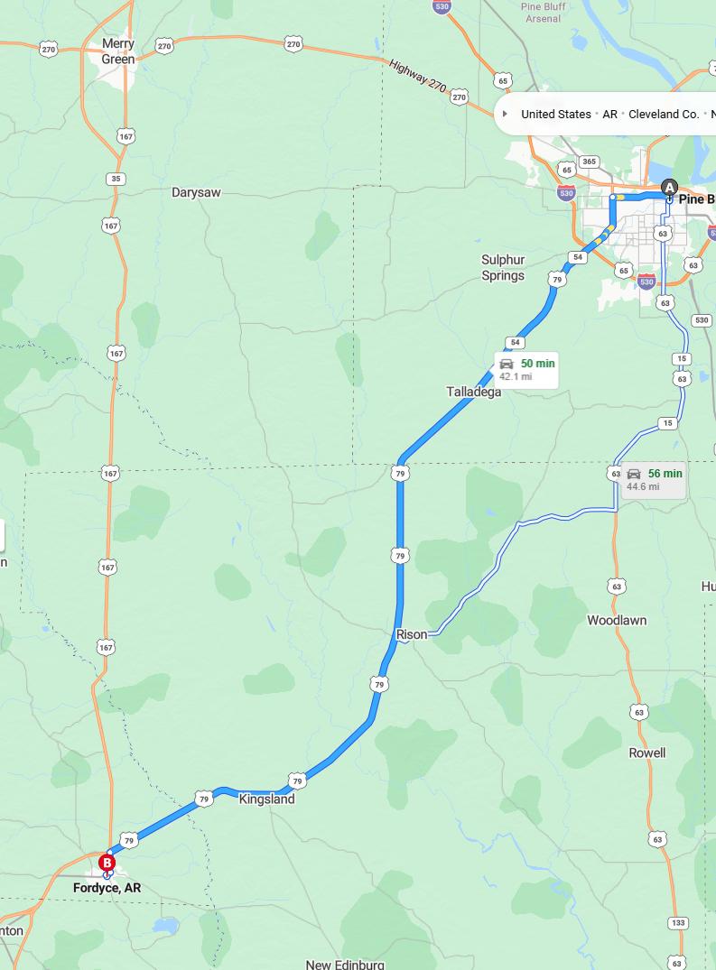 driving from Pine Bluff, Arkansas to FordyceArkansas - map and route
