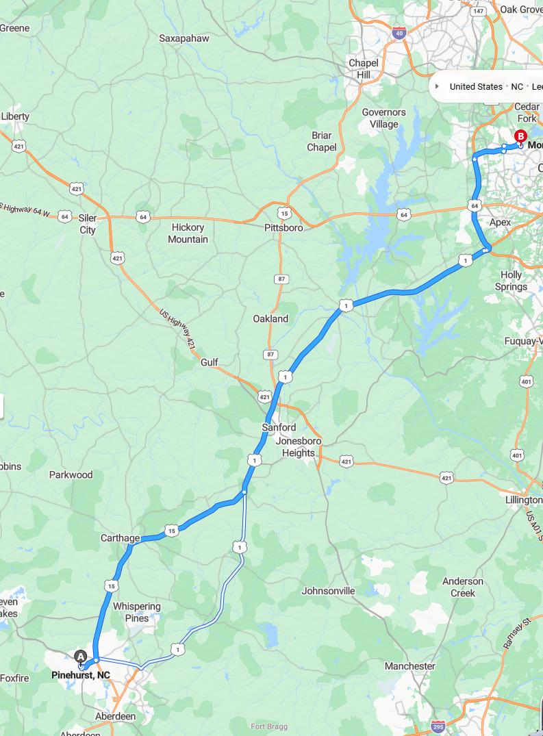 driving from Pinehurst, North Carolina to MorrisvilleNorth Carolina - map and route