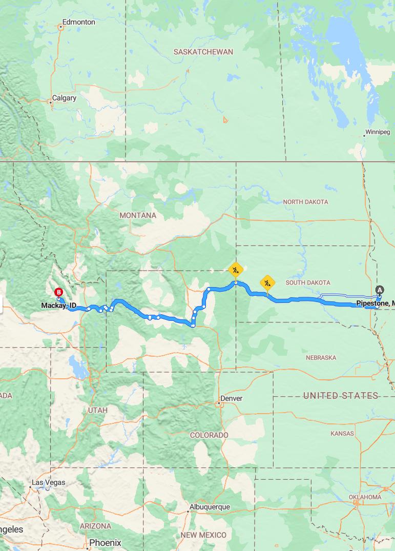 driving from Pipestone, Minnesota to MackayIdaho - map and route