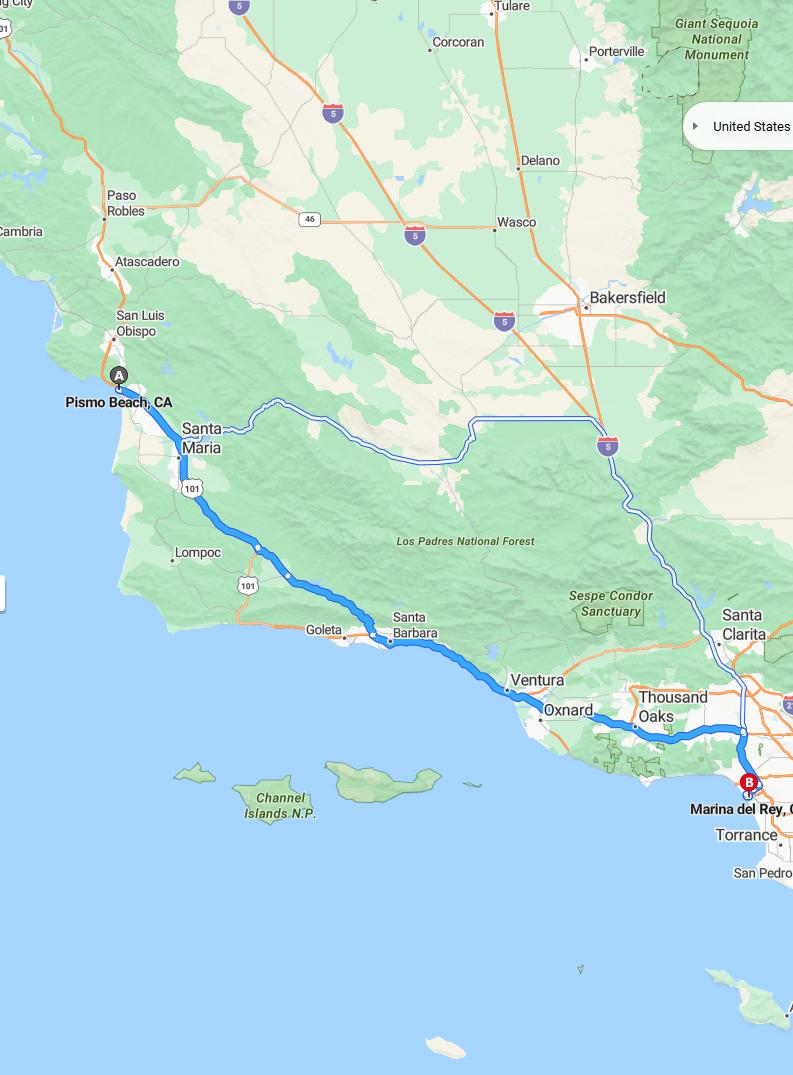 driving from Pismo Beach, California to Marina del ReyCalifornia - map and route