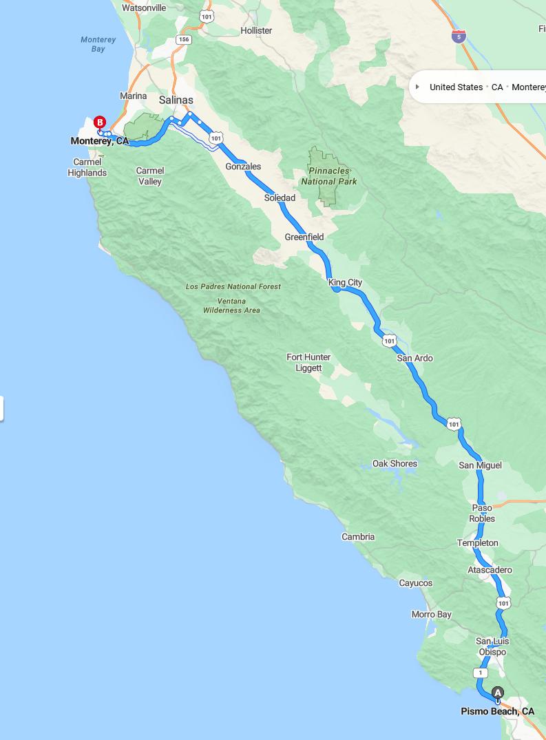 driving from Pismo Beach, California to MontereyCalifornia - map and route