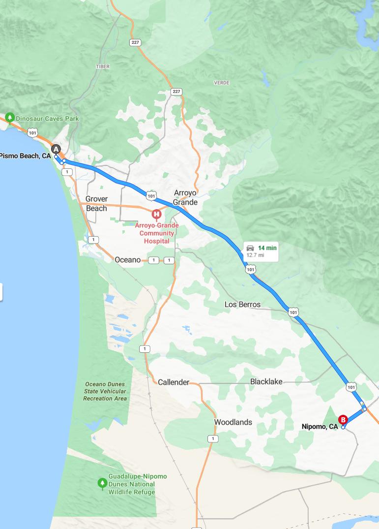 driving from Pismo Beach, California to NipomoCalifornia - map and route