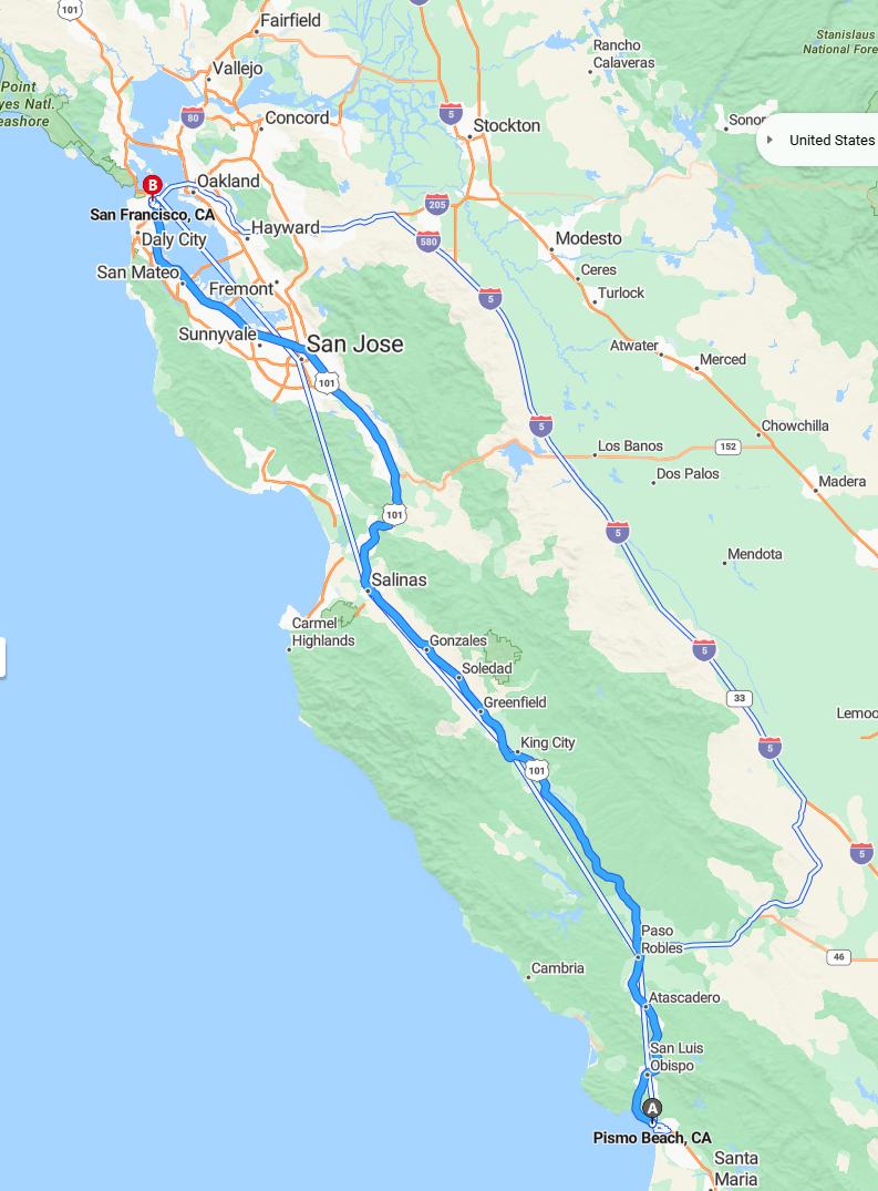 driving from Pismo Beach, California to San FranciscoCalifornia - map and route