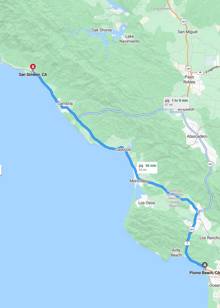 driving from Pismo Beach, California to San SimeonCalifornia - map and route