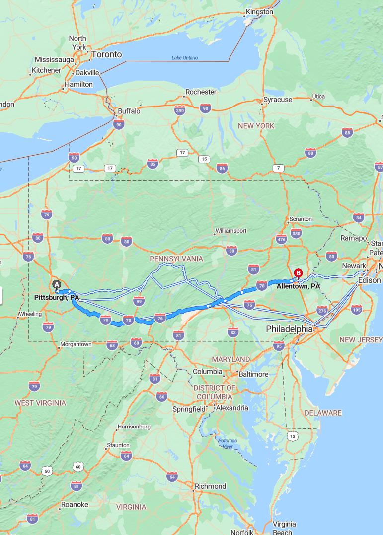 driving from Pittsburgh, Pennsylvania to AllentownPennsylvania - map and route