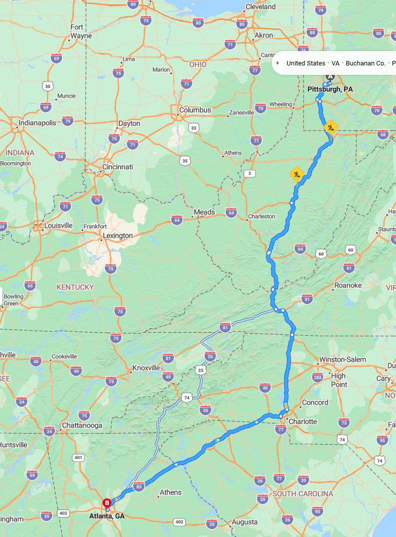 driving from Pittsburgh, Pennsylvania to AtlantaGeorgia - map and route
