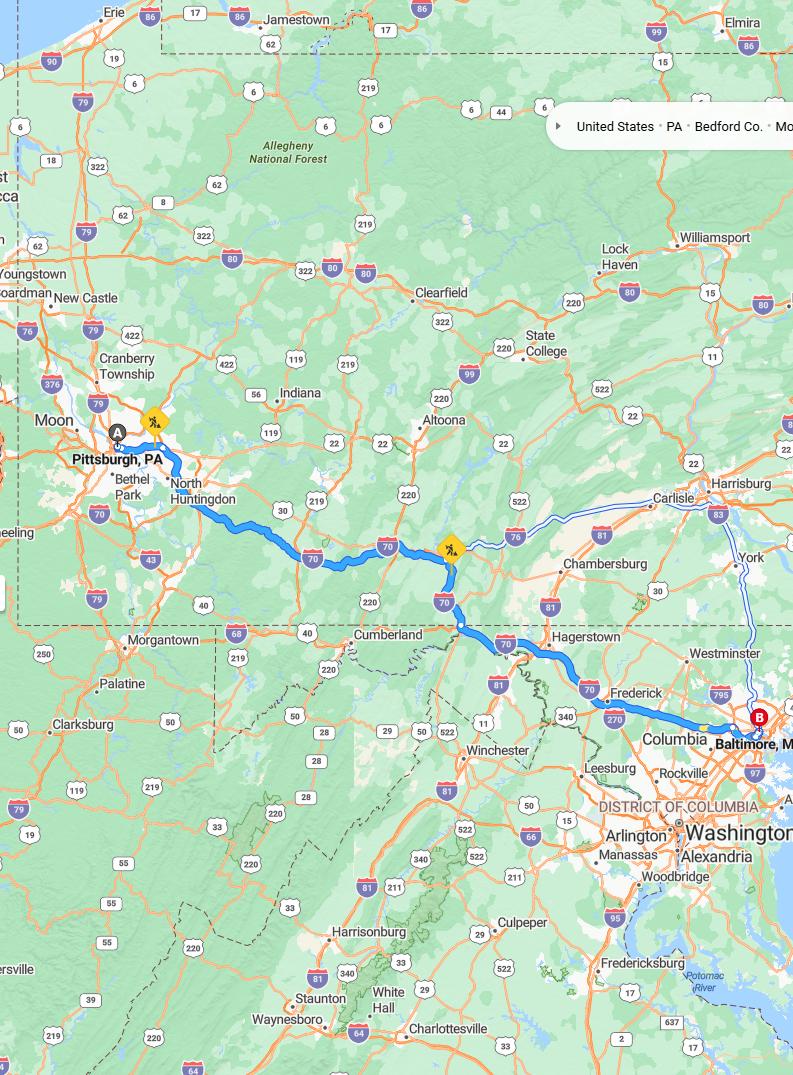 driving from Pittsburgh, Pennsylvania to BaltimoreMaryland - map and route