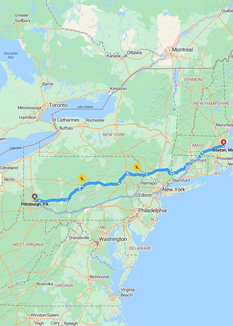 driving from Pittsburgh, Pennsylvania to BostonMassachusetts - map and route