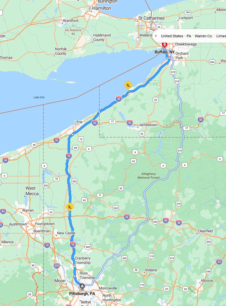 driving from Pittsburgh, Pennsylvania to BuffaloNew York - map and route