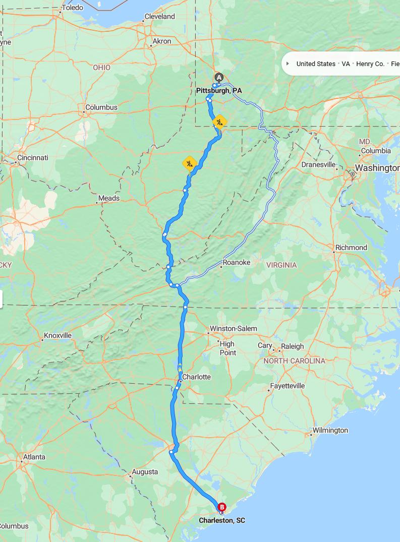 driving from Pittsburgh, Pennsylvania to CharlestonSouth Carolina - map and route