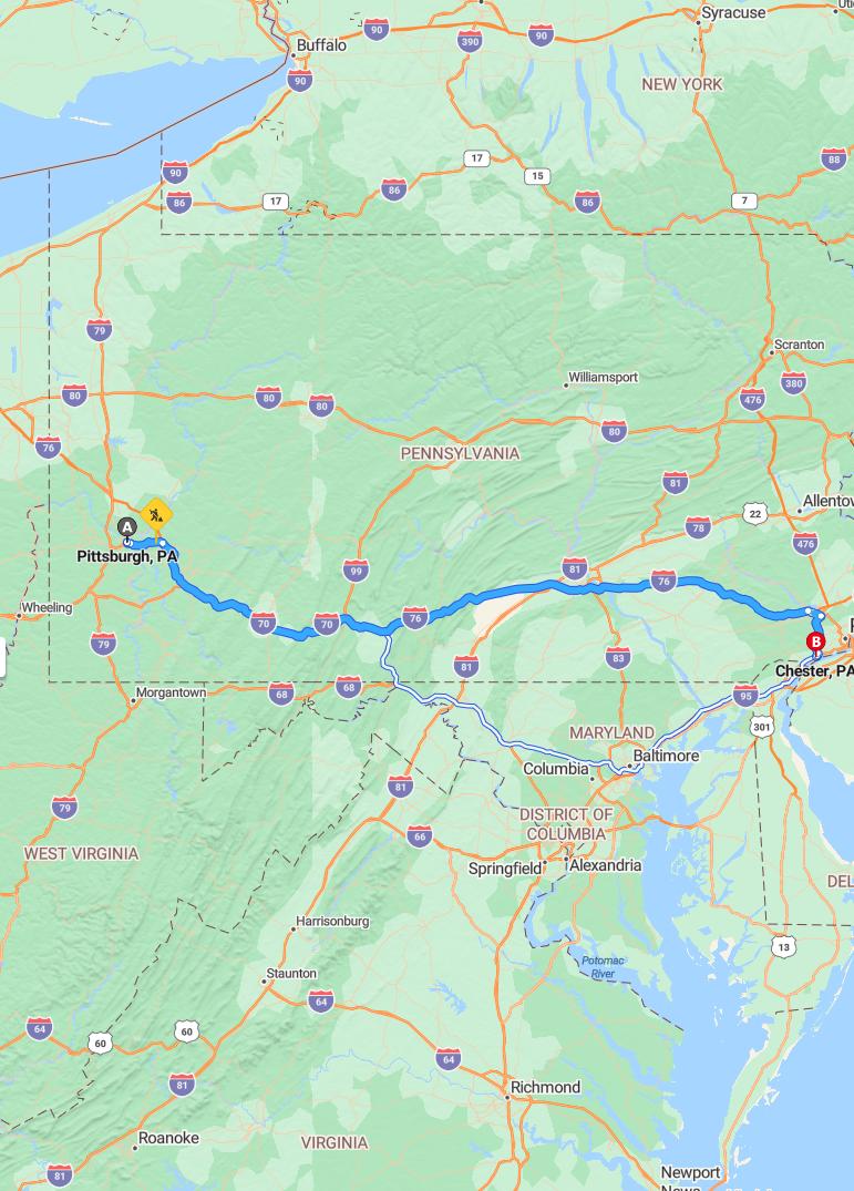 driving from Pittsburgh, Pennsylvania to ChesterPennsylvania - map and route