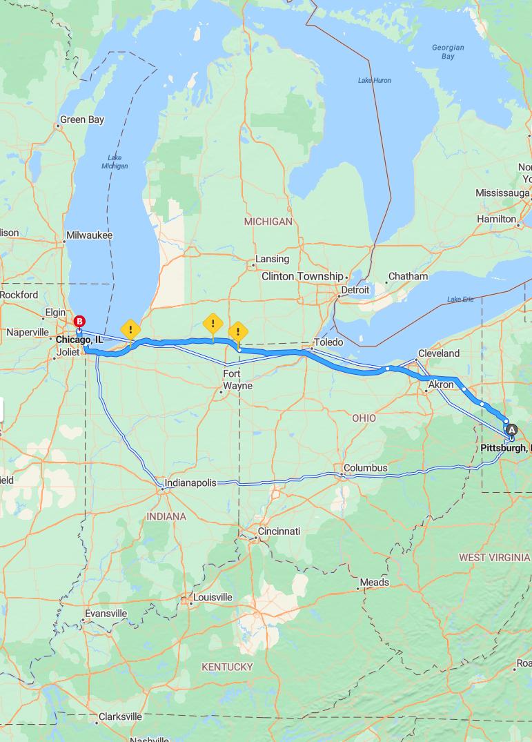 driving from Pittsburgh, Pennsylvania to ChicagoIllinois - map and route