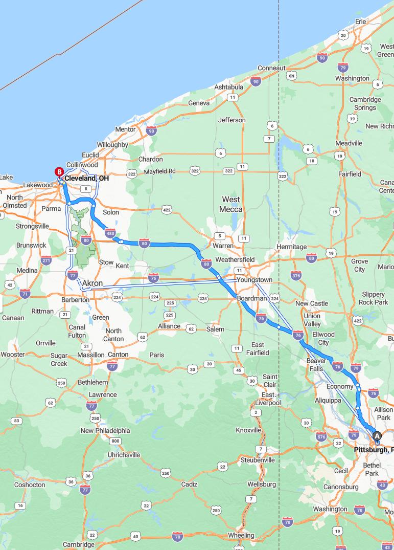 driving from Pittsburgh, Pennsylvania to ClevelandOhio - map and route