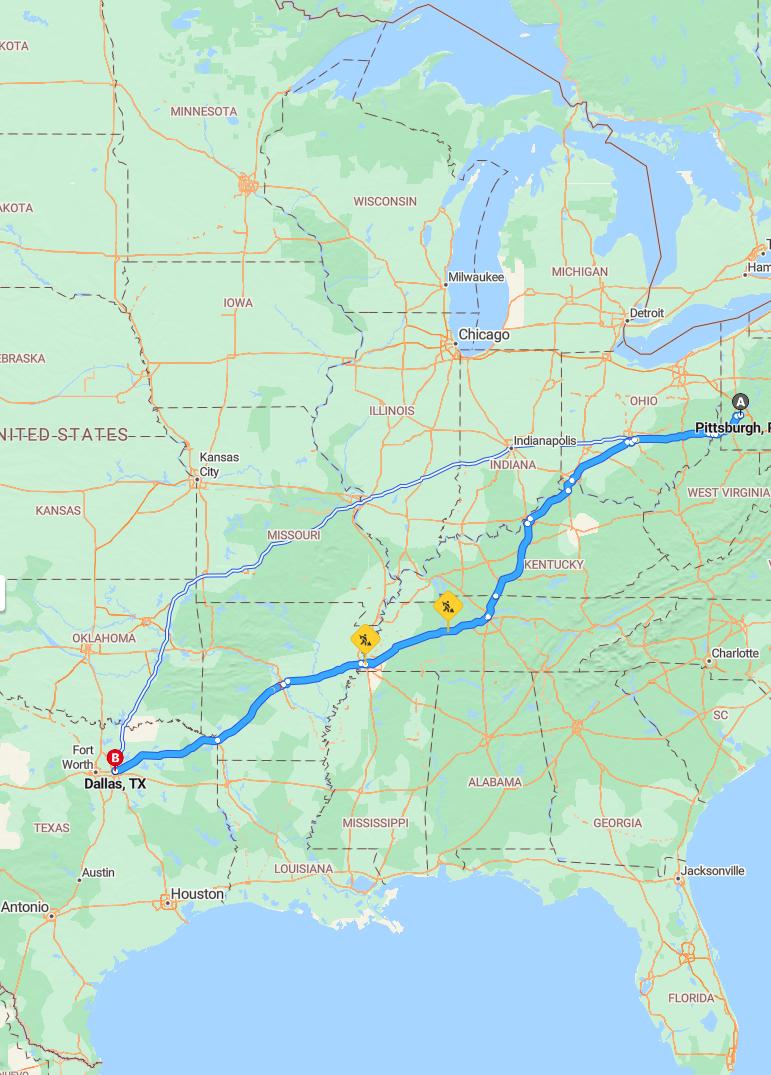 driving from Pittsburgh, Pennsylvania to DallasTexas - map and route