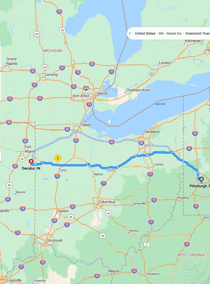 driving from Pittsburgh, Pennsylvania to DecaturIndiana - map and route