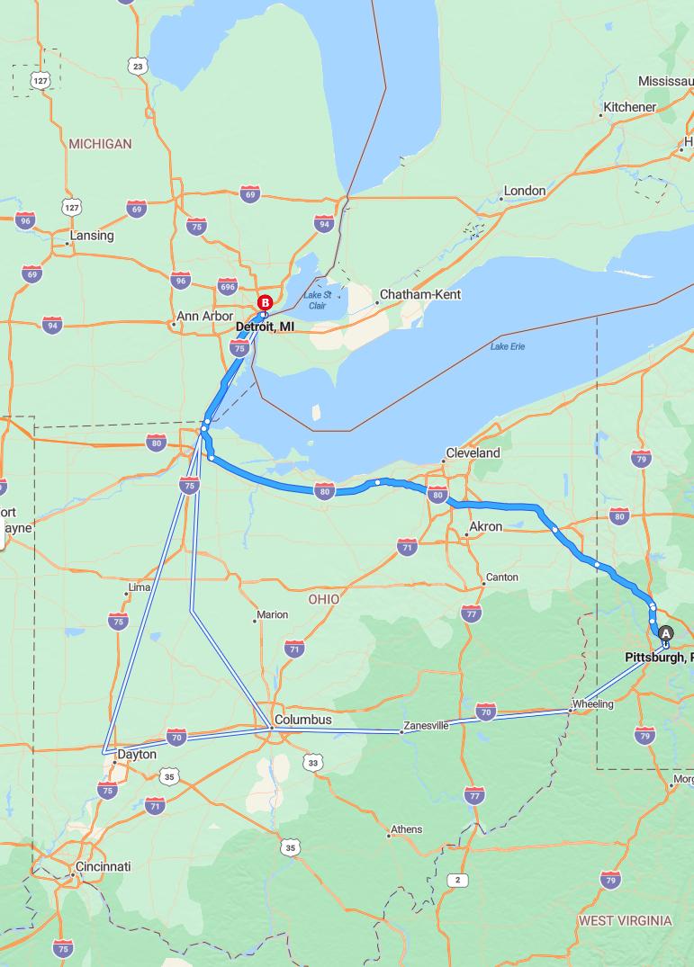 driving from Pittsburgh, Pennsylvania to DetroitMichigan - map and route