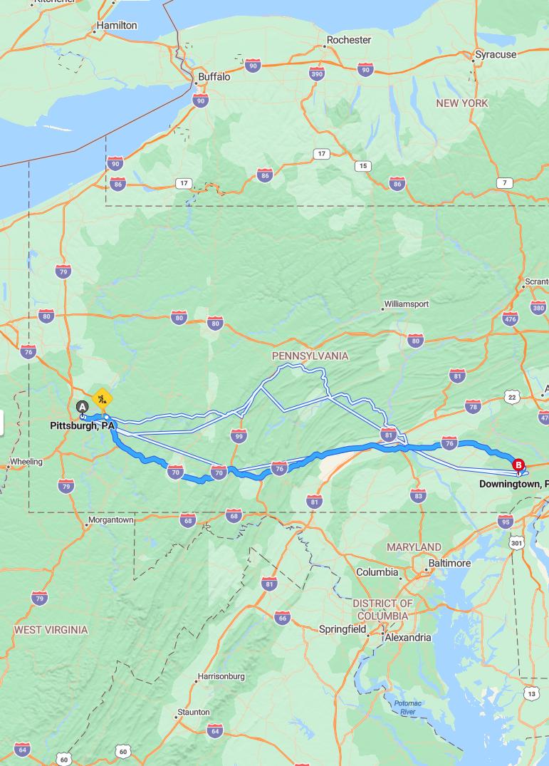 driving from Pittsburgh, Pennsylvania to DowningtownPennsylvania - map and route