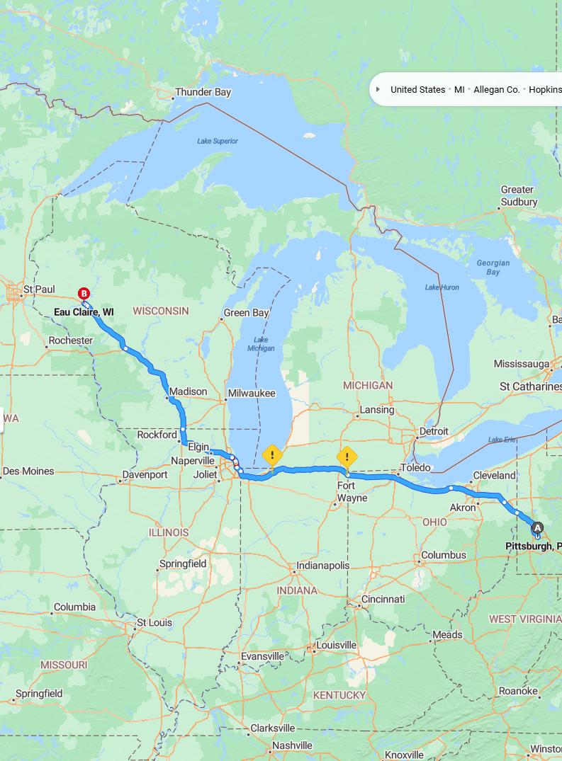 driving from Pittsburgh, Pennsylvania to Eau ClaireWisconsin - map and route
