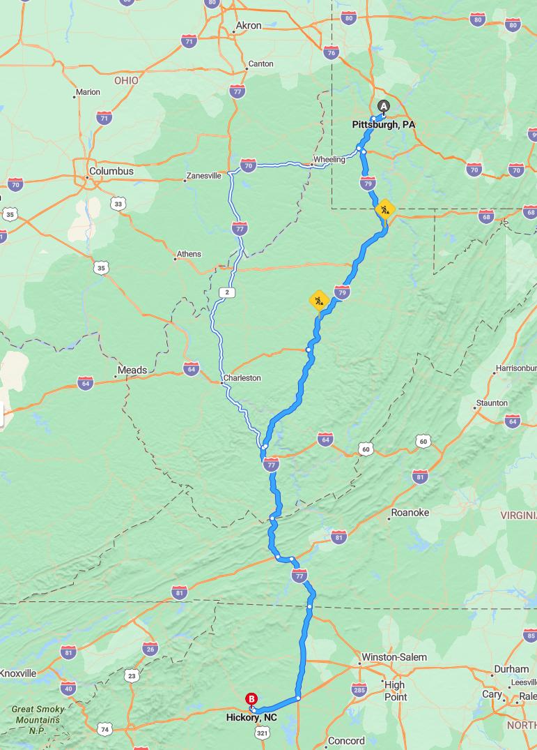 driving from Pittsburgh, Pennsylvania to HickoryNorth Carolina - map and route