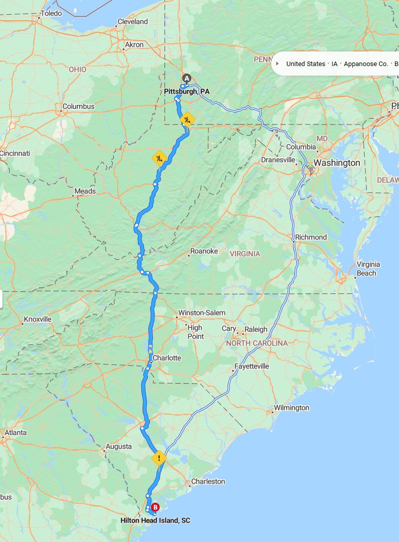 driving from Pittsburgh, Pennsylvania to Hilton HeadSouth Carolina - map and route