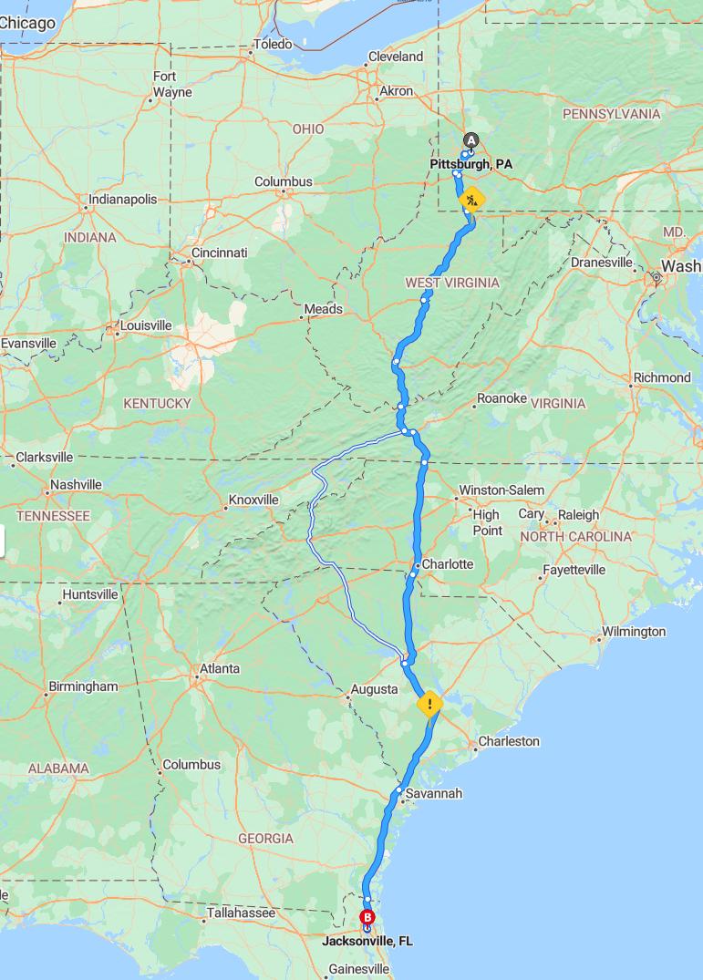 driving from Pittsburgh, Pennsylvania to JacksonvilleFlorida - map and route