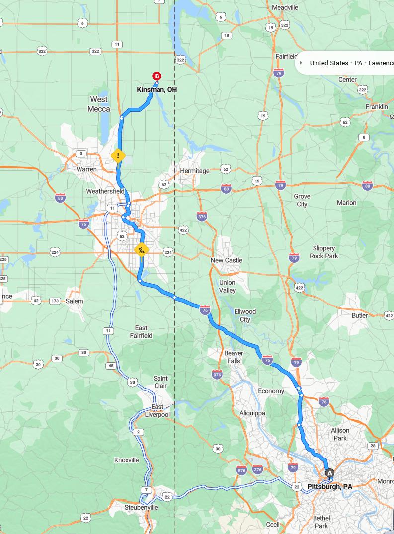 driving from Pittsburgh, Pennsylvania to KinsmanOhio - map and route