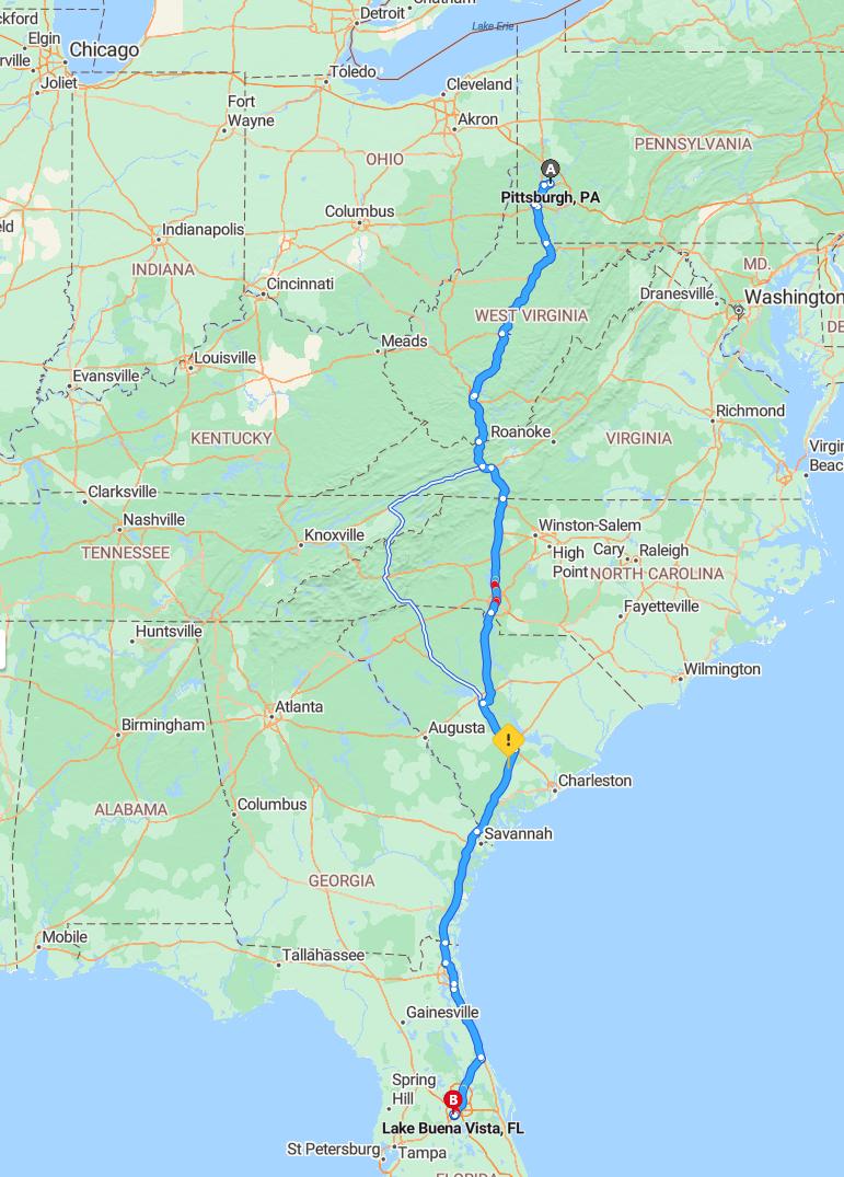 driving from Pittsburgh, Pennsylvania to Lake Buena VistaFlorida - map and route