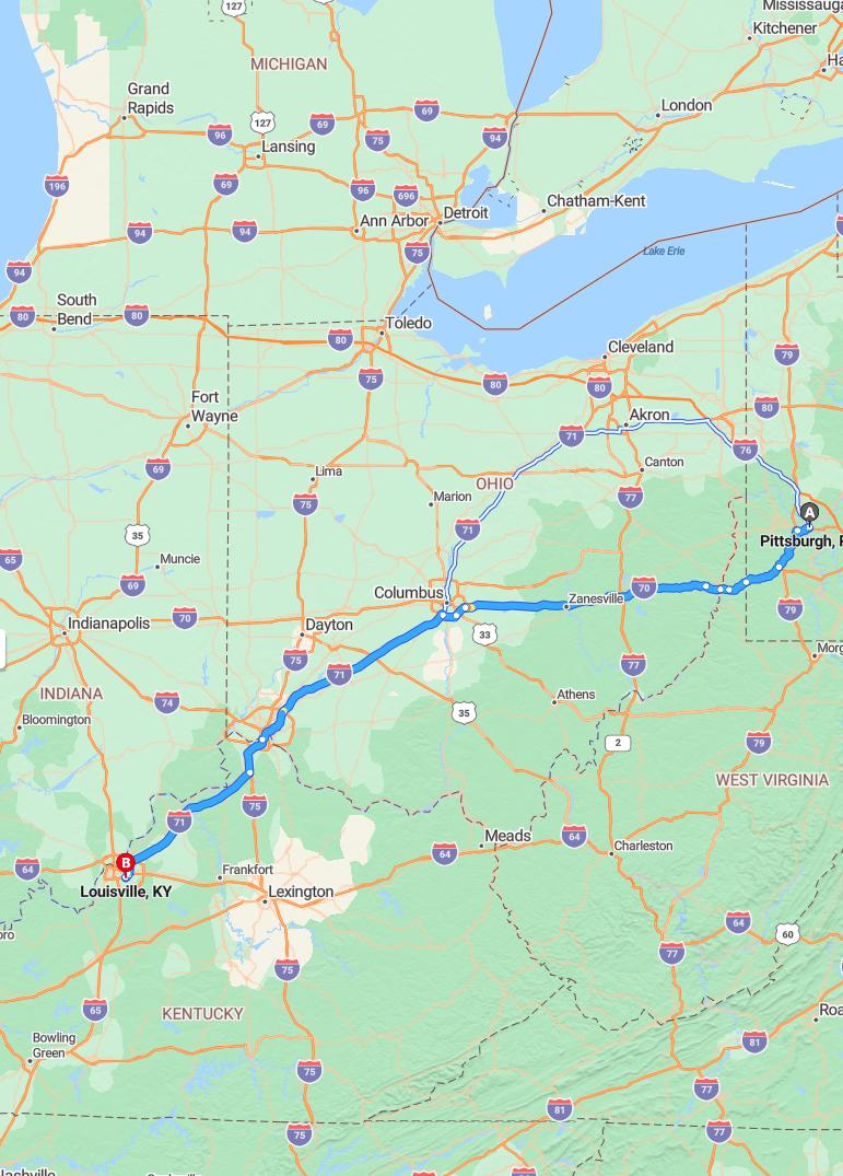 driving from Pittsburgh, Pennsylvania to LouisvilleKentucky - map and route