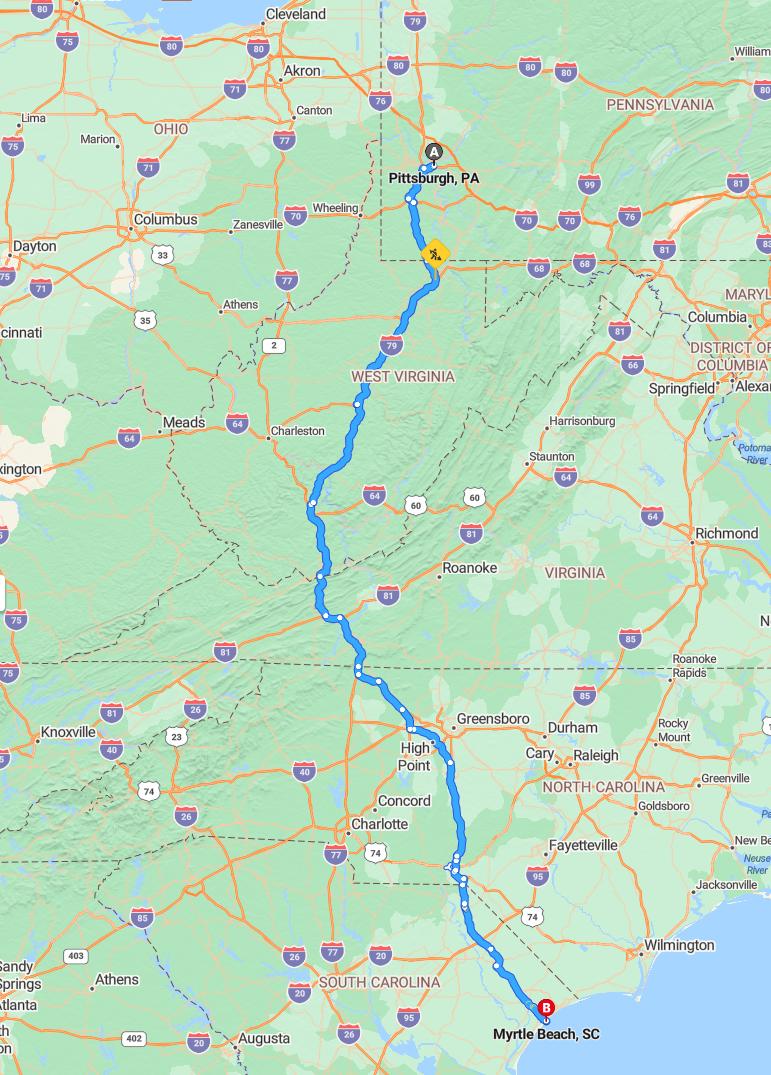 driving from Pittsburgh, Pennsylvania to Myrtle BeachSouth Carolina - map and route
