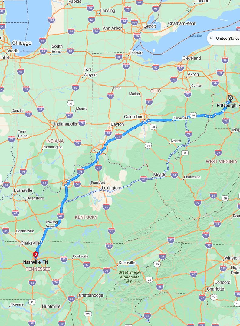 driving from Pittsburgh, Pennsylvania to NashvilleTennessee - map and route