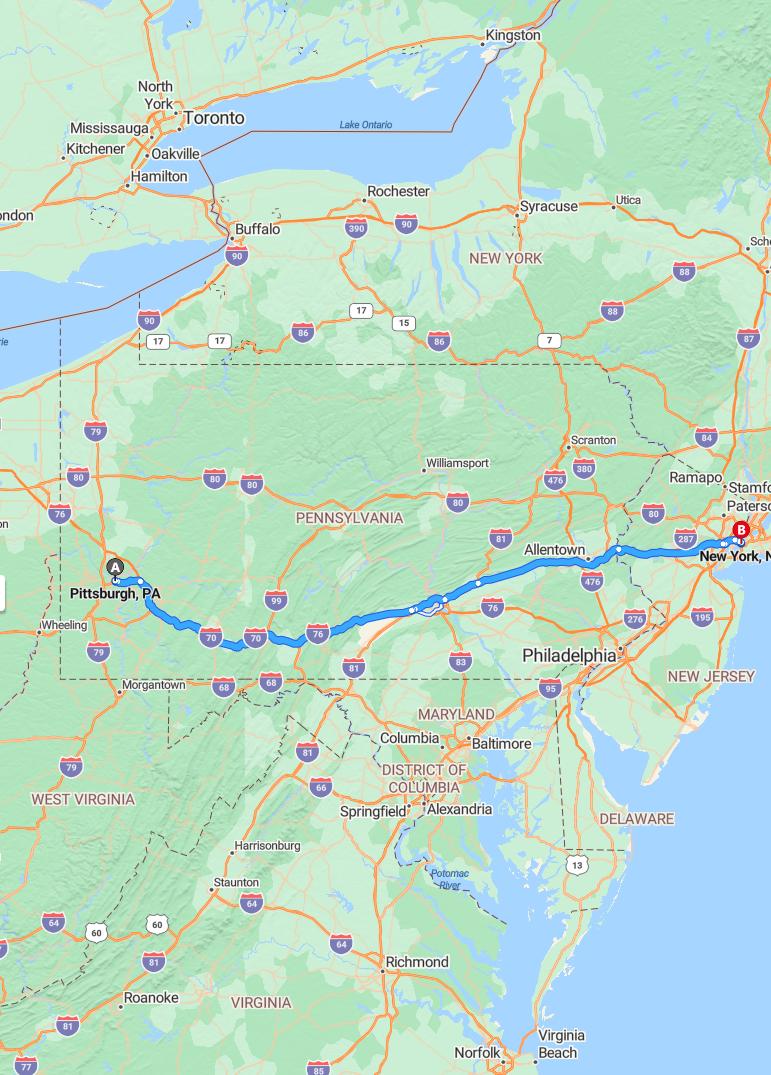 driving from Pittsburgh, Pennsylvania to New York CityNew York - map and route