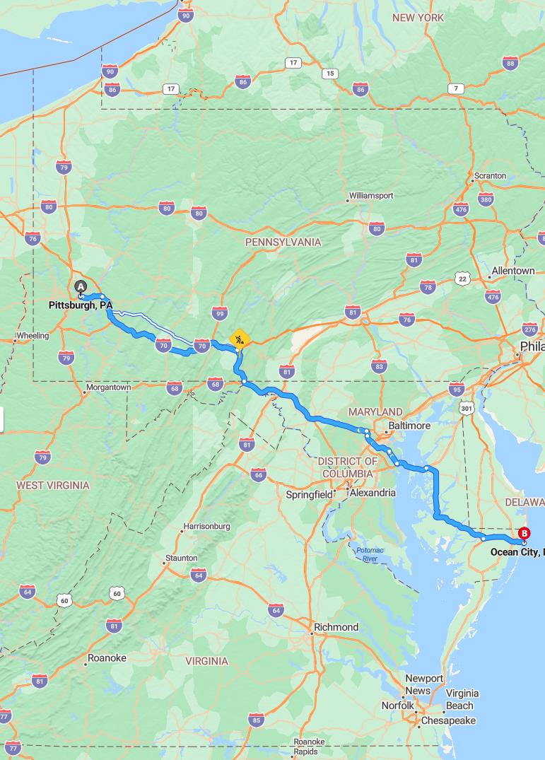 driving from Pittsburgh, Pennsylvania to Ocean CityMaryland - map and route