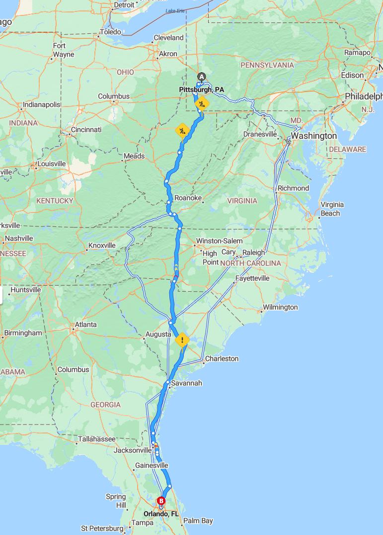 driving from Pittsburgh, Pennsylvania to OrlandoFlorida - map and route