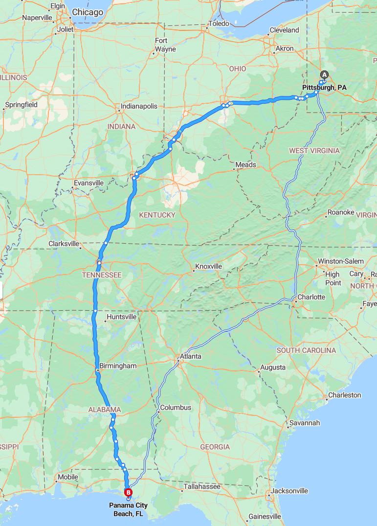 driving from Pittsburgh, Pennsylvania to Panama City BeachFlorida - map and route