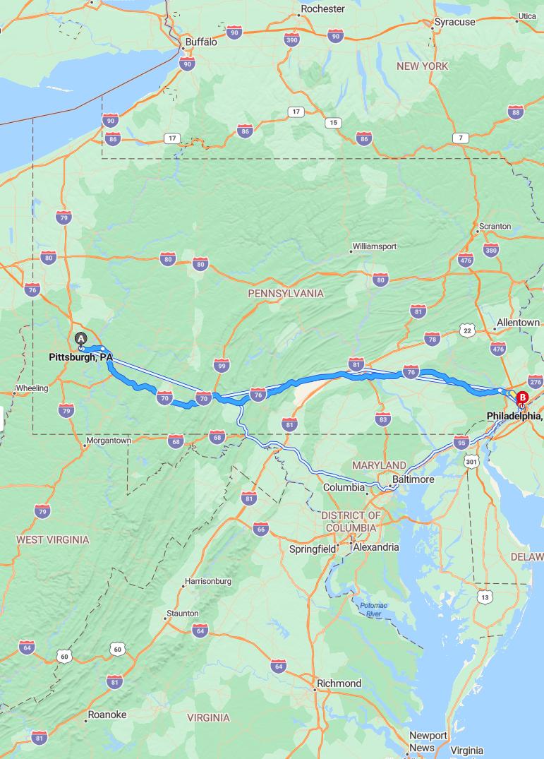 driving from Pittsburgh, Pennsylvania to PhiladelphiaPennsylvania - map and route