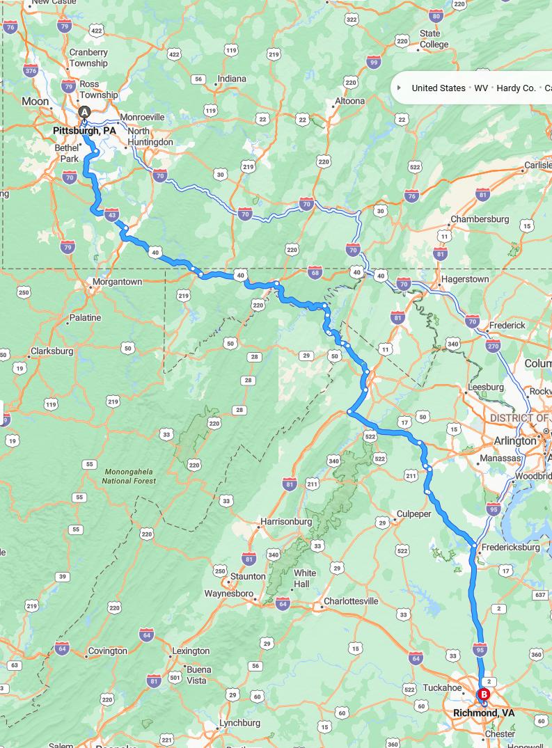 driving from Pittsburgh, Pennsylvania to RichmondVirginia - map and route